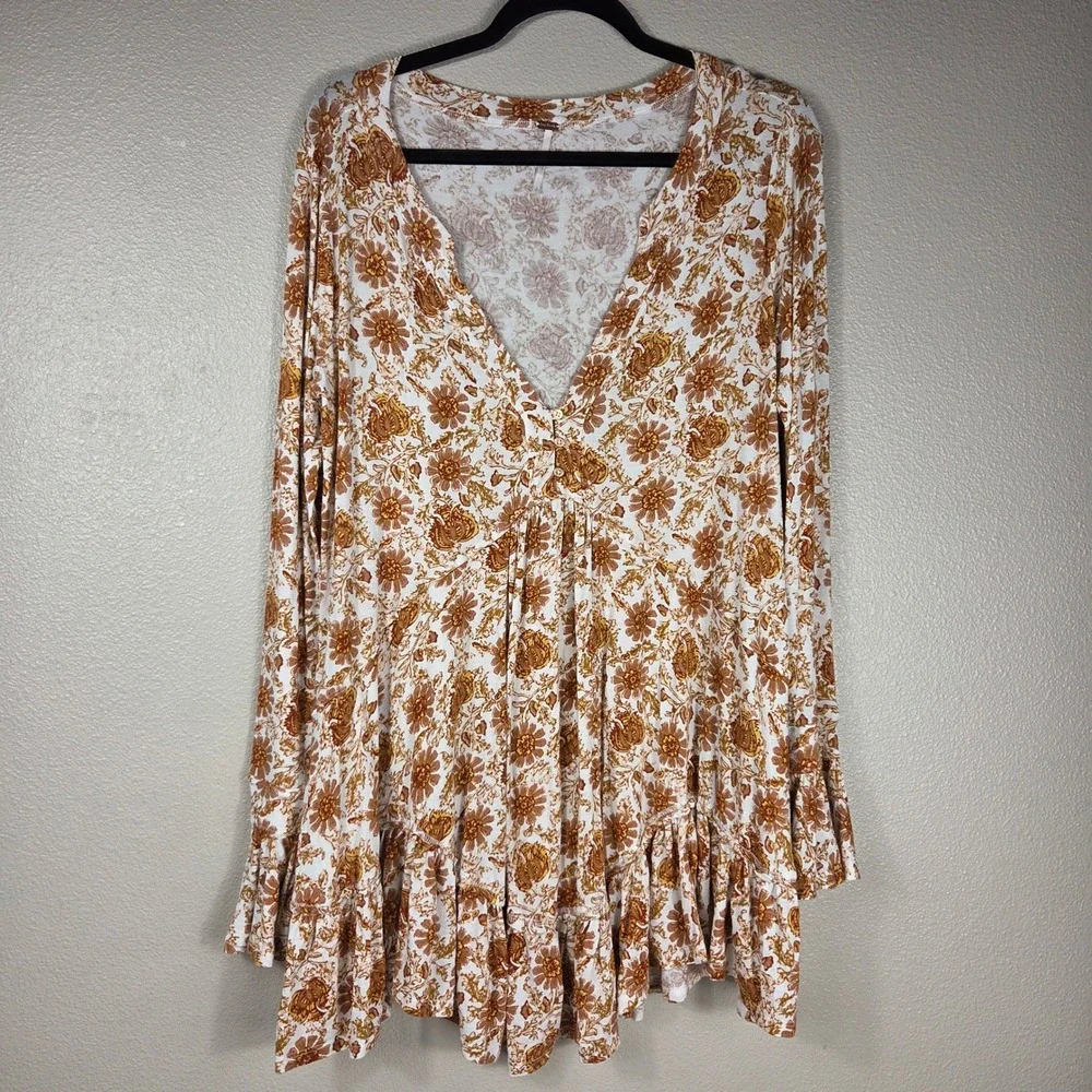 Free People Floral Tunic Top Womens S Boho Bell Sleeve Ruffle Hem Brown
